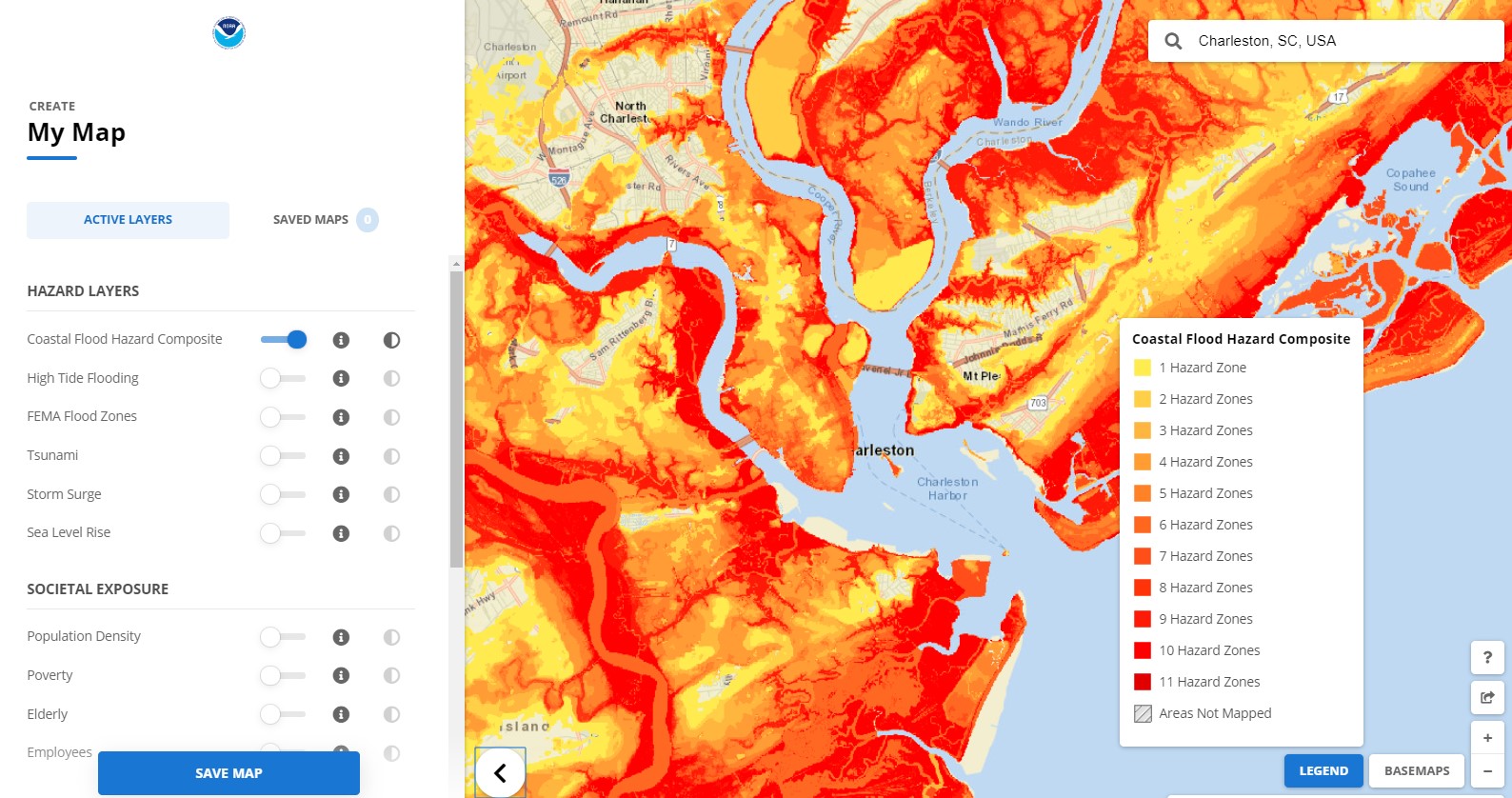 This map, showing exposure in the Charleston region for multiple flood hazards, helped narrow down areas for further community engagement and high resolution modeling.