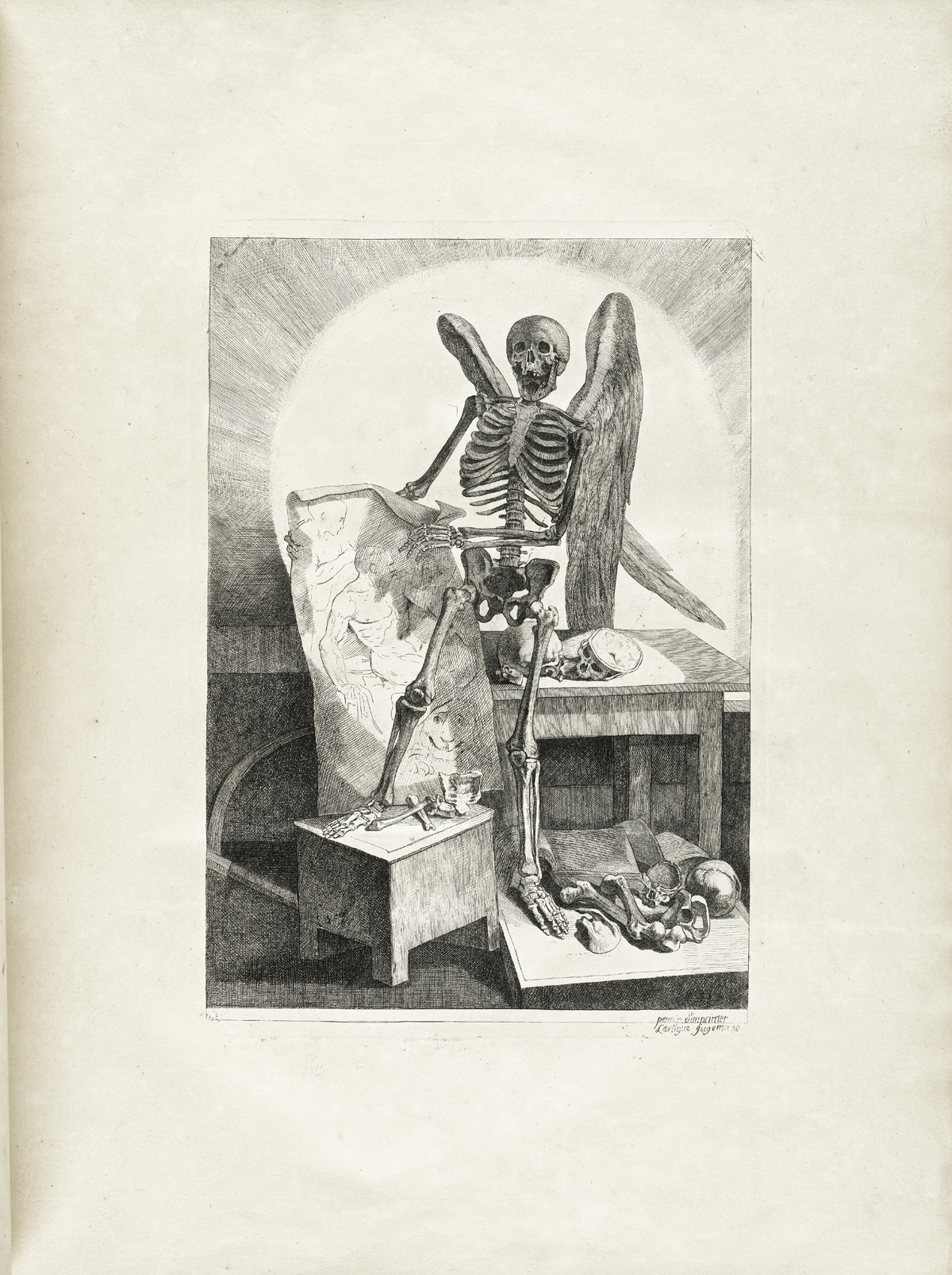 A winged skeleton, apparently laughing, holding a sheet of drawings of nude figures