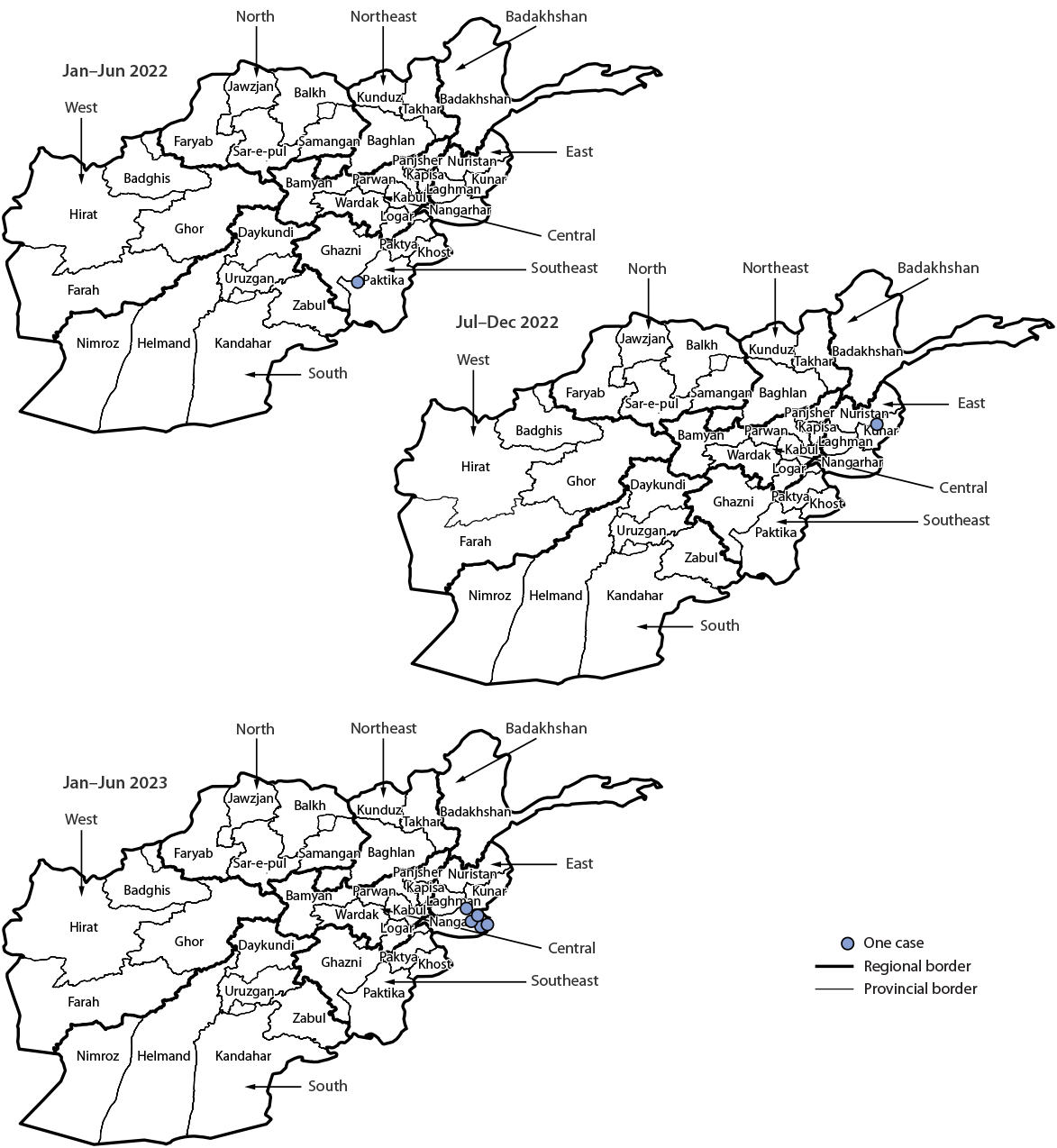 Three maps of Afghanistan showing the seven wild poliovirus type 1 cases by province and period, January 2022 to June 2023.
