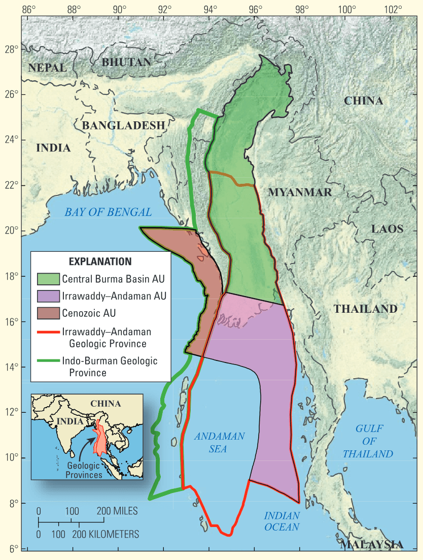 Assessed areas of Myanmar were defined as three composite assessment units (AU) (outlined in black). These are the Central Burma Basin AU (80480101), Irrawaddy–Andaman AU (80480102