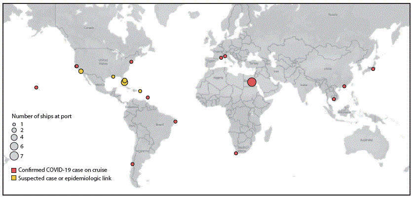 World map of cruise ships with COVID-19 cases that needed a public health response