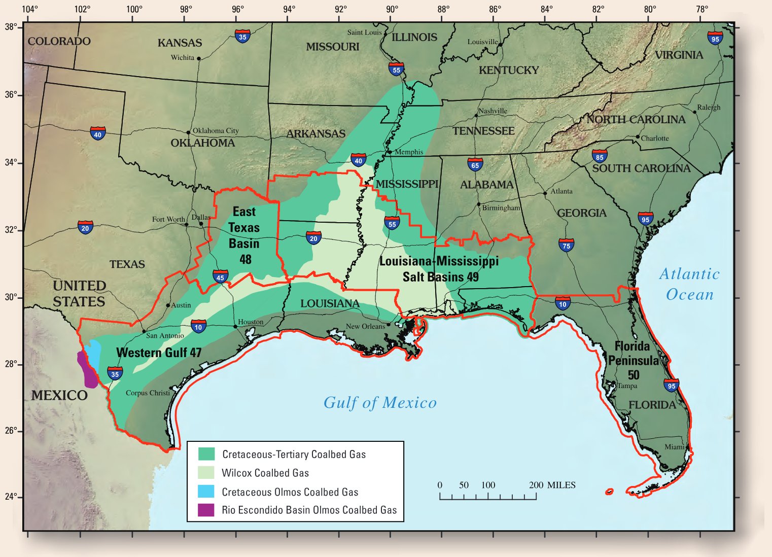 Map of the Gulf Coast region showing the continuous coalbed gas assessment units (AUs). Province boundaries defined by the U.S. Geological Survey are indicated by red lines.
