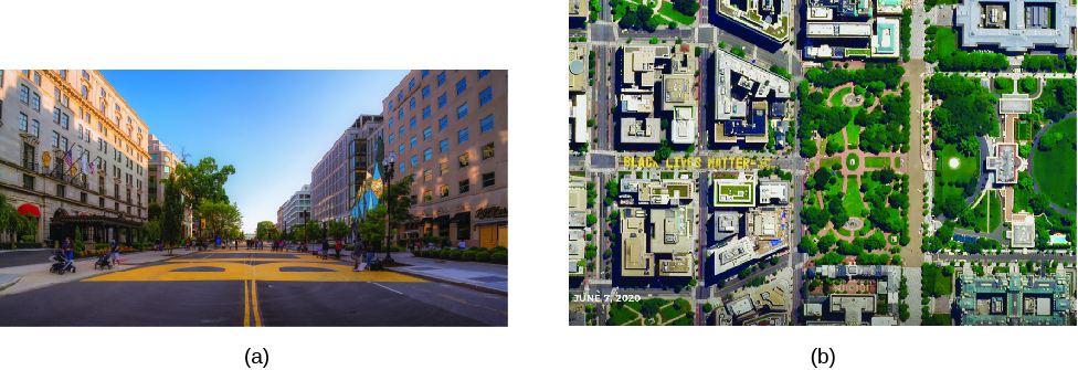 Photo A shows a street from ground level with large yellow letters painted; a “B” is visible. Photo B shows an aerial view of a street painted with the phrase “Black Lives Matter.”