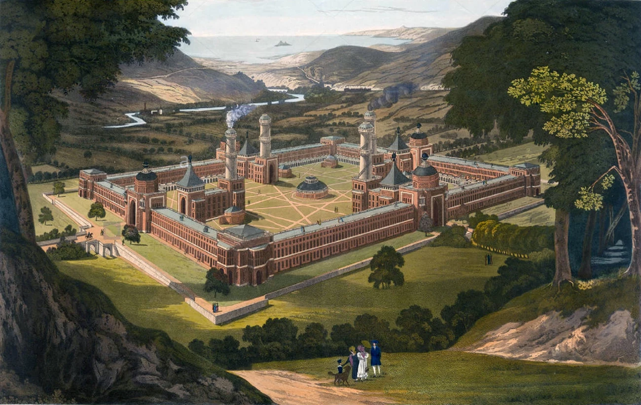 A family on a hillside looks down on a walled town of brick buildings and towers