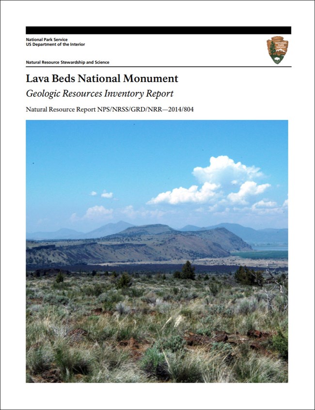 Cover of the Geologic Resources Inventory report for Lava Beds, with a photograph of a volcanic landscape.