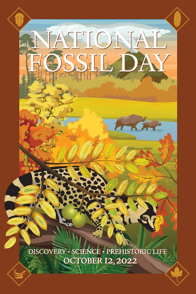 National Fossil Day 2022 poster showing a prehistoric forest scene with plants and animals.