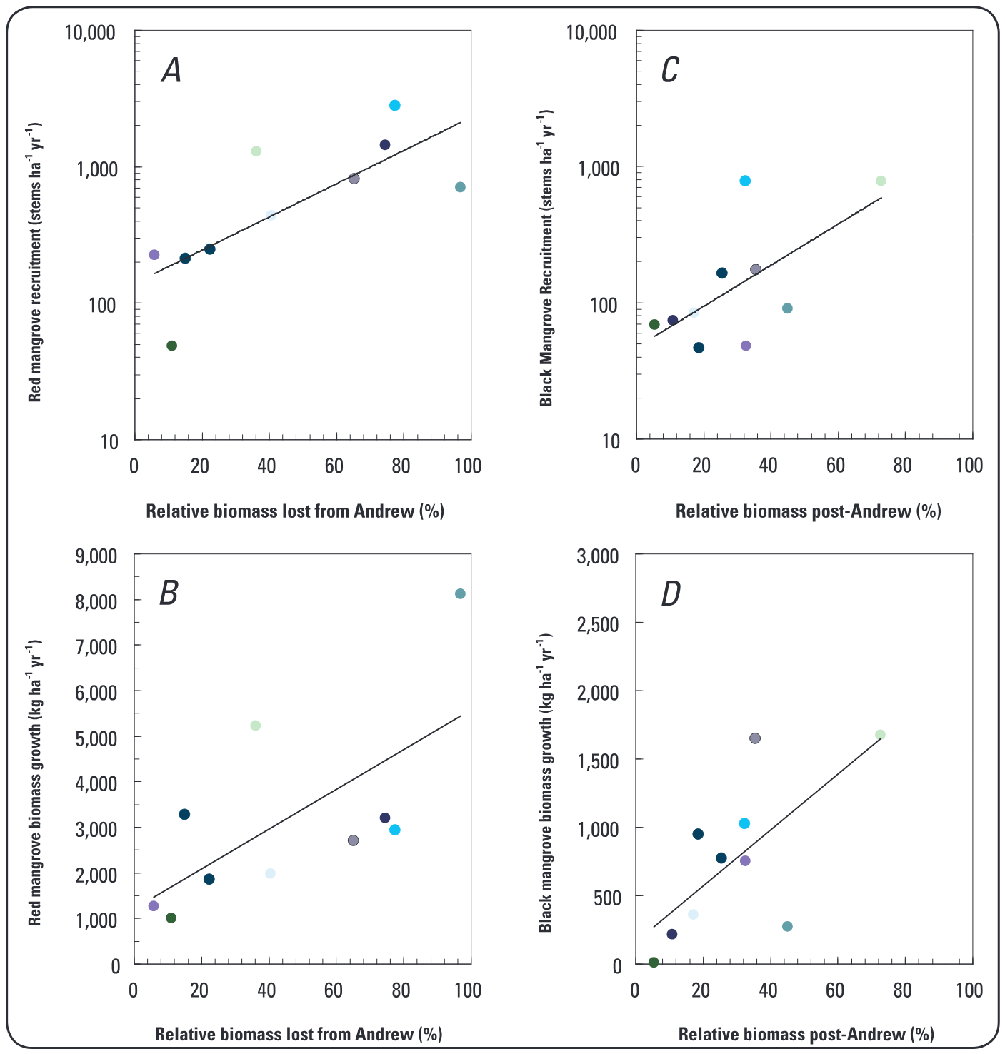 The mean red mangrove (Rhizophora mangle) recruitment rate (A) and the mean red mangrove biomass growth rate (B) in relation to the relative amount of biomass lost in sites to Hurr