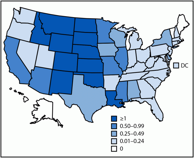 Map of the United States shading each state by its 2023 incidence of neuroinvasive West Nile virus disease.