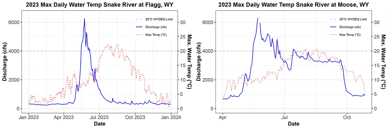 Two line graphs of flow and maximum daily water temperature against the 20°C cold-water fish line.