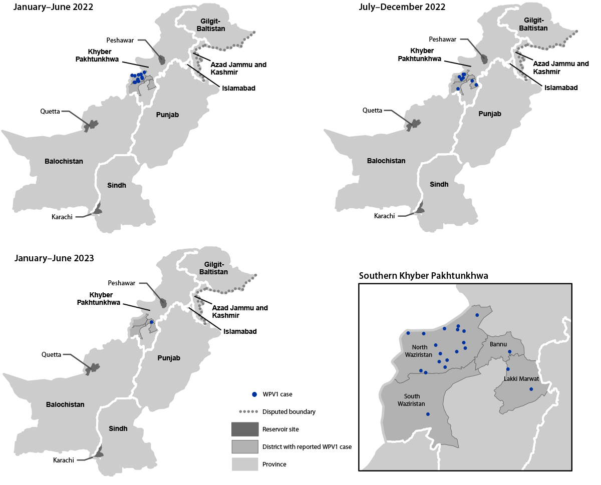 Three maps of Pakistan showing where wild poliovirus type 1 cases occurred, by province and period, January 2022 to June 2023.