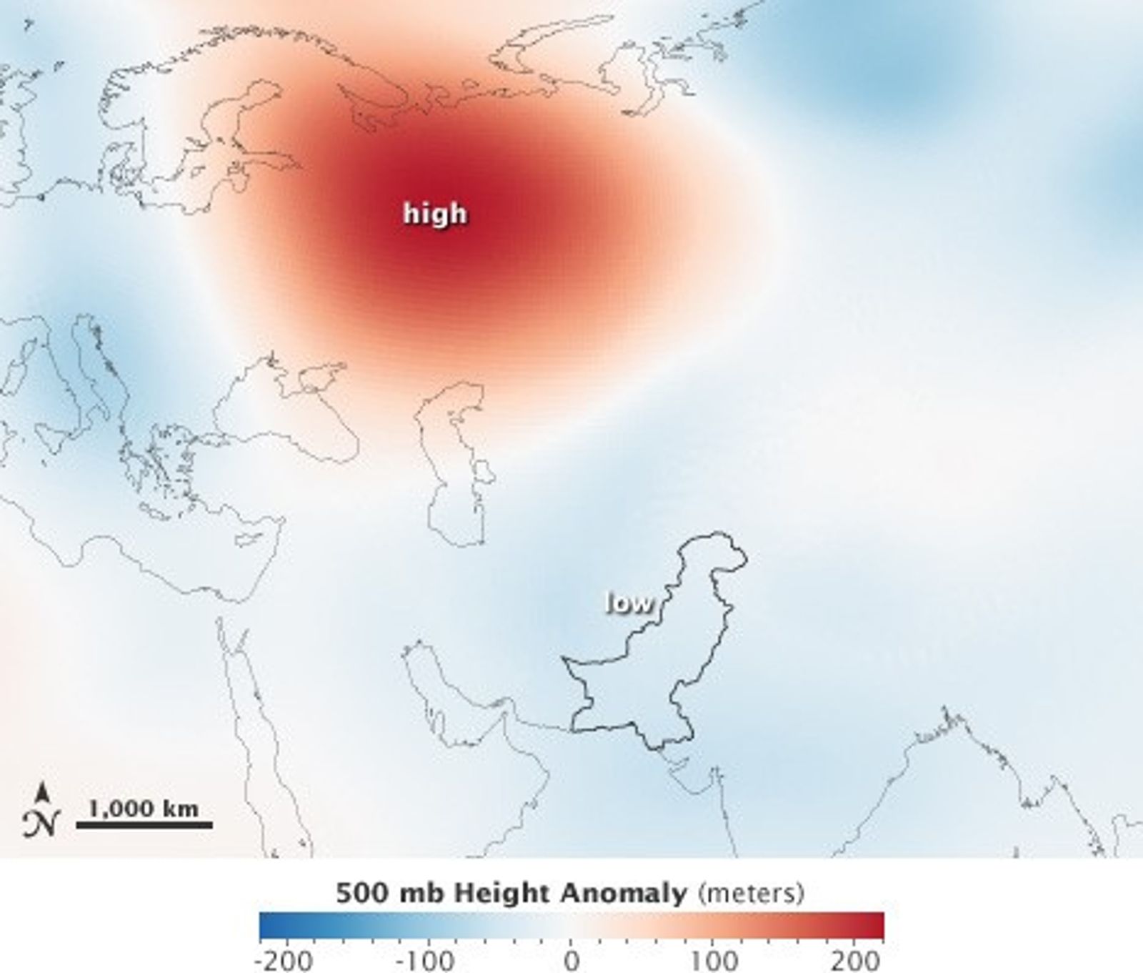 A map of Eurasia with a large red area of high pressure over Russia