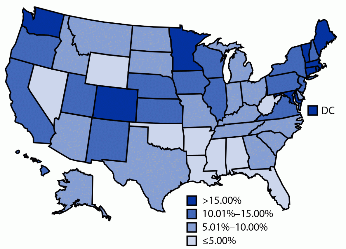 Map of the share of children aged 6 months–4 years with at least one COVID-19 vaccine dose, by jurisdiction, June 20–December 31, 2022.