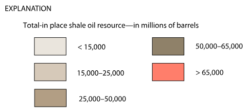 Map showing total in-place oil in millions of barrels as assessed for each township in the Piceance Basin, Colorado.