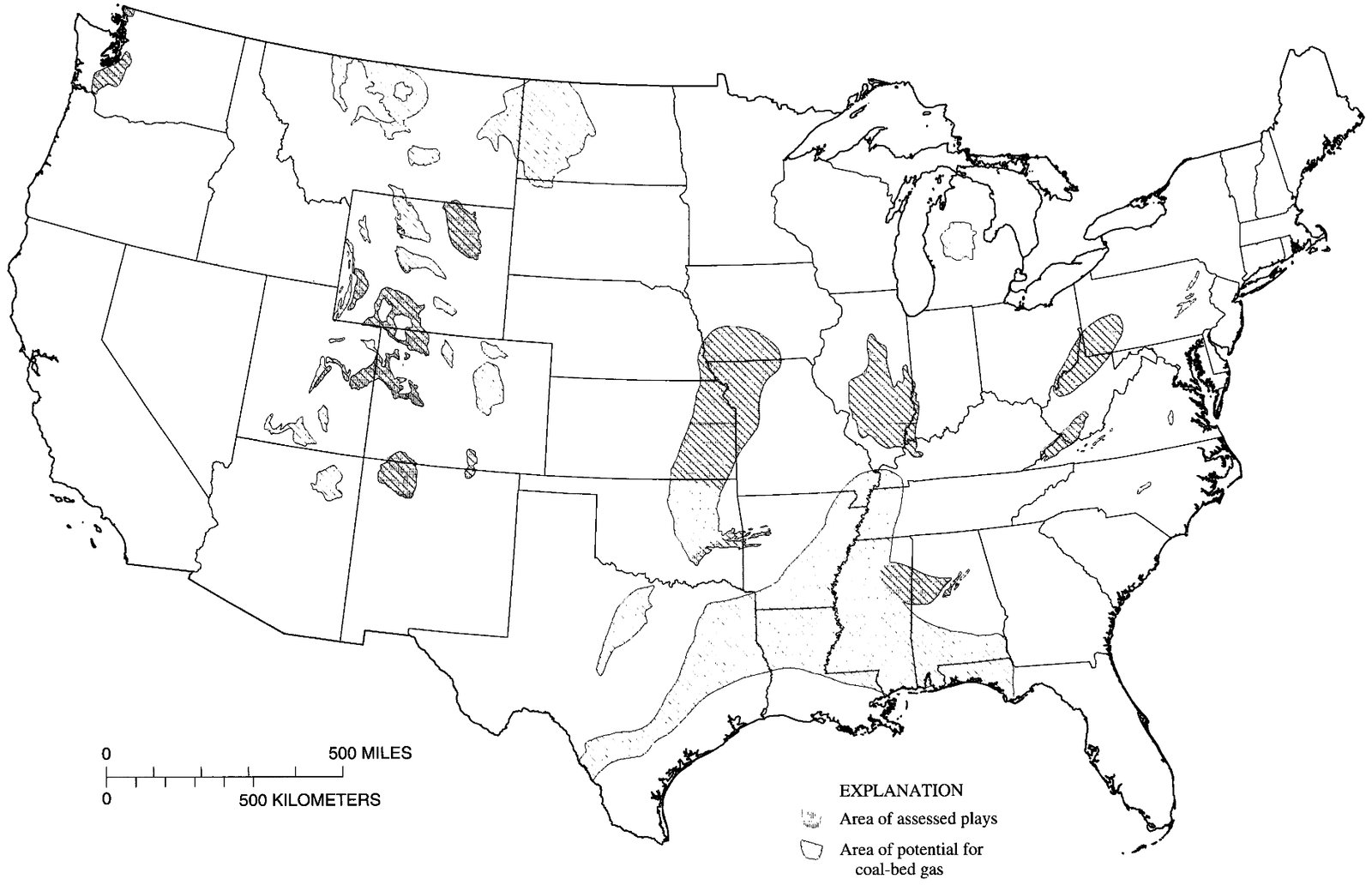 Map of lower 48 States showing areas of coal-bed gas and locations of plays assessed.