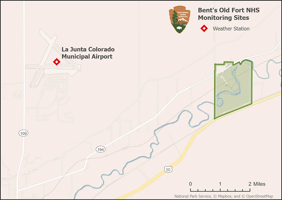 Map of Bent's Old Fort National Historic Site and the weather station to its west