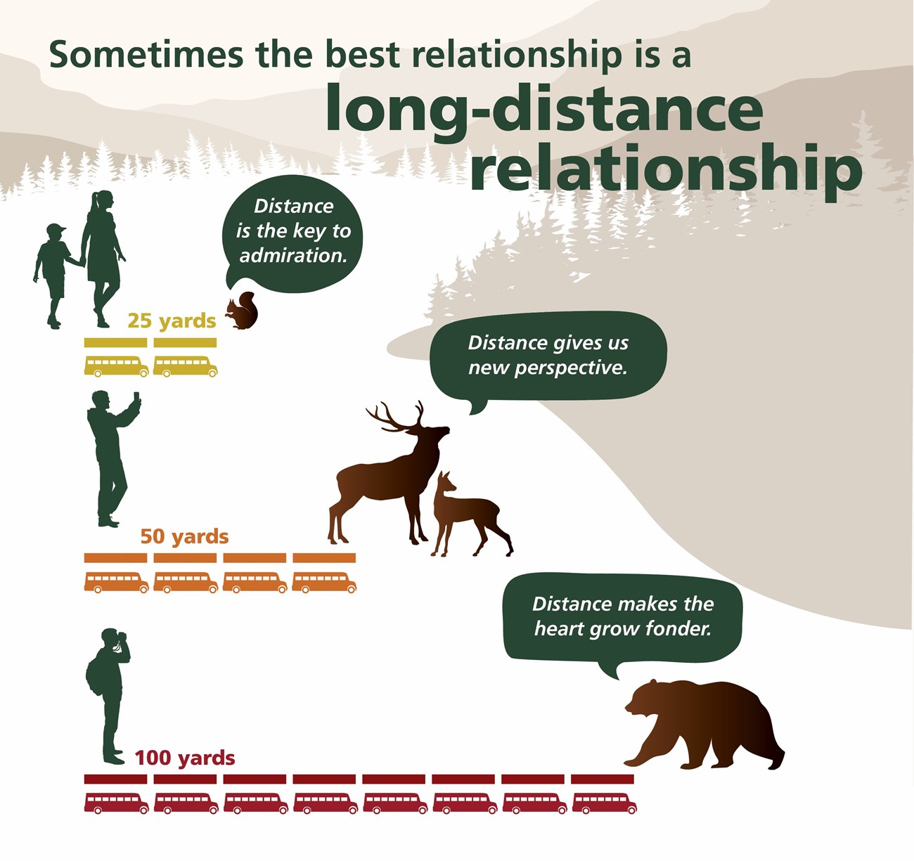 Infographic of safe viewing distances using school buses as a measure: squirrel, deer or elk, and bear