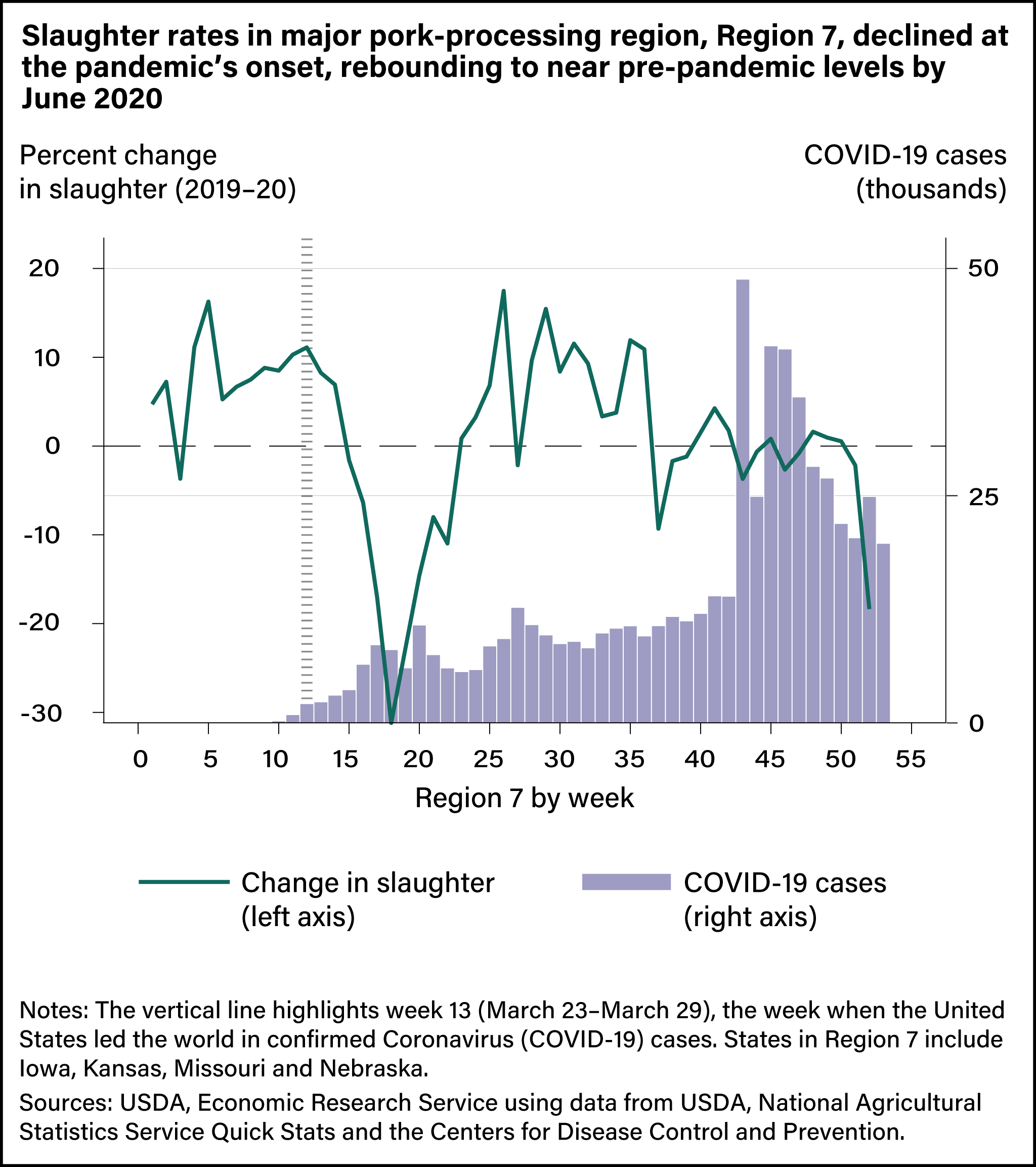 A line graph showing percent change in weekly hog slaughter superimposed over bar charts showing COVID-19 cases (thousands) in Region 7.