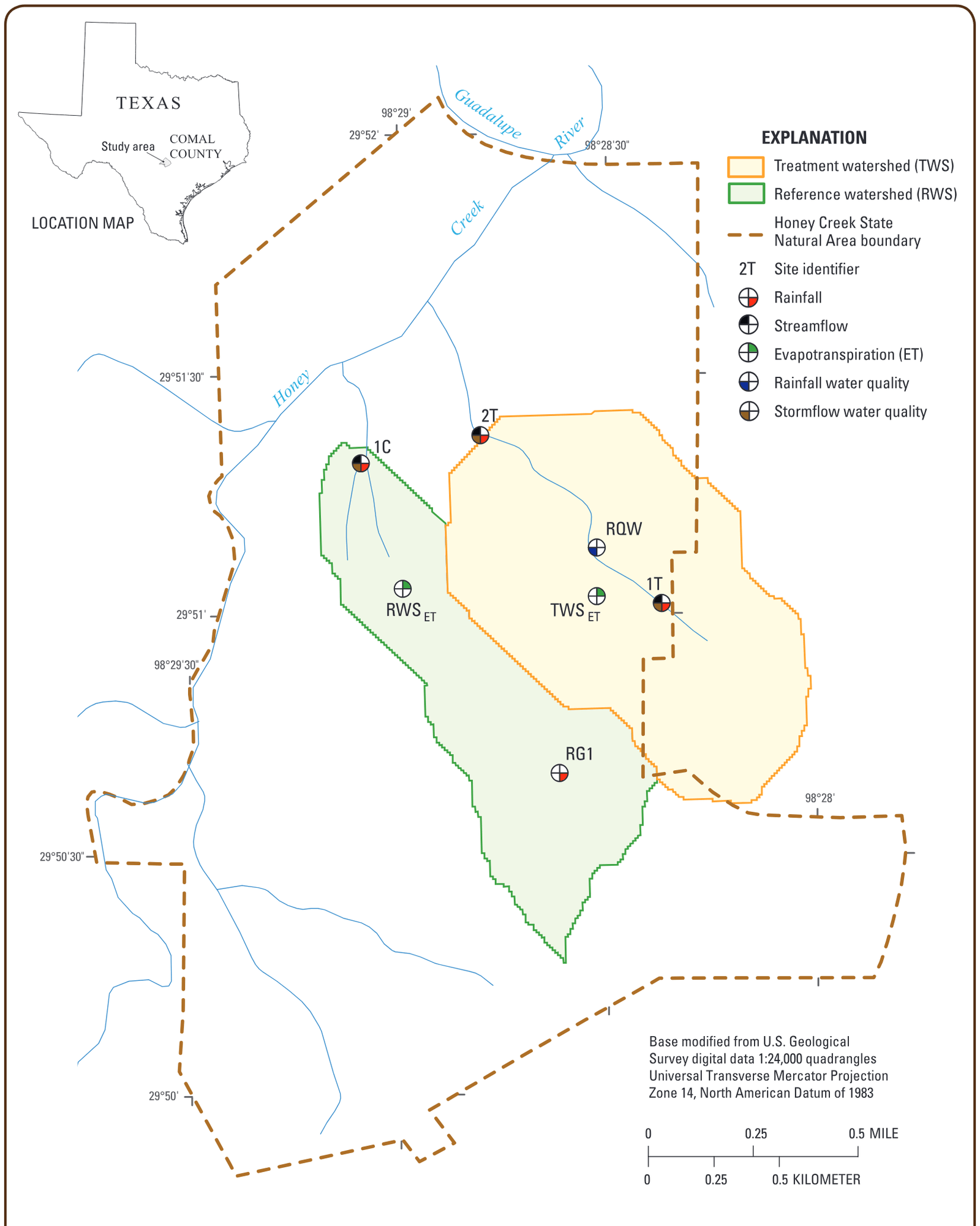 Locations of data-collection sites in the Honey Creek State Natural Area, Comal County, Texas.