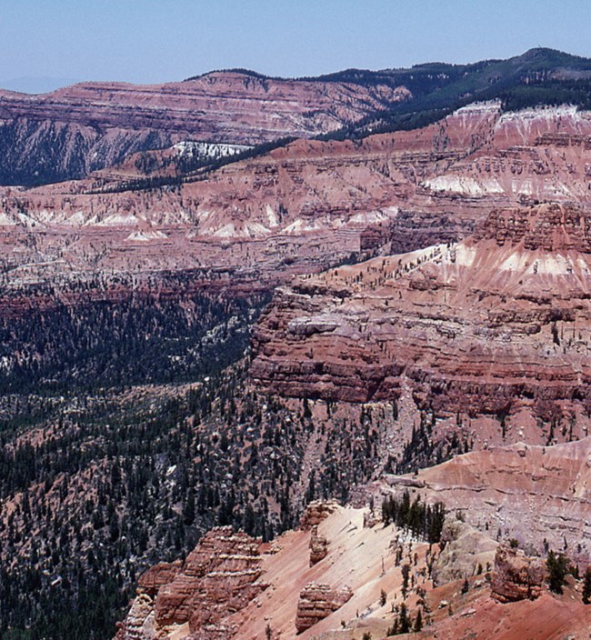 Eroded cliffs and layered rock in the Cedar Breaks amphitheater.