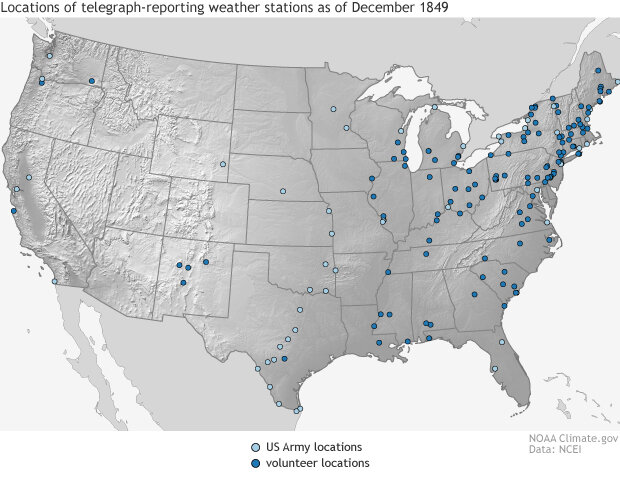 A map of telegraph-reporting weather stations in 1849
