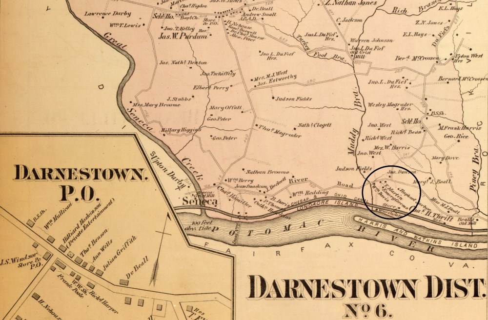 An 1879 map of the Darnestown District, Maryland, with the plots of T. Martin, Emory Genus and William Davis circled
