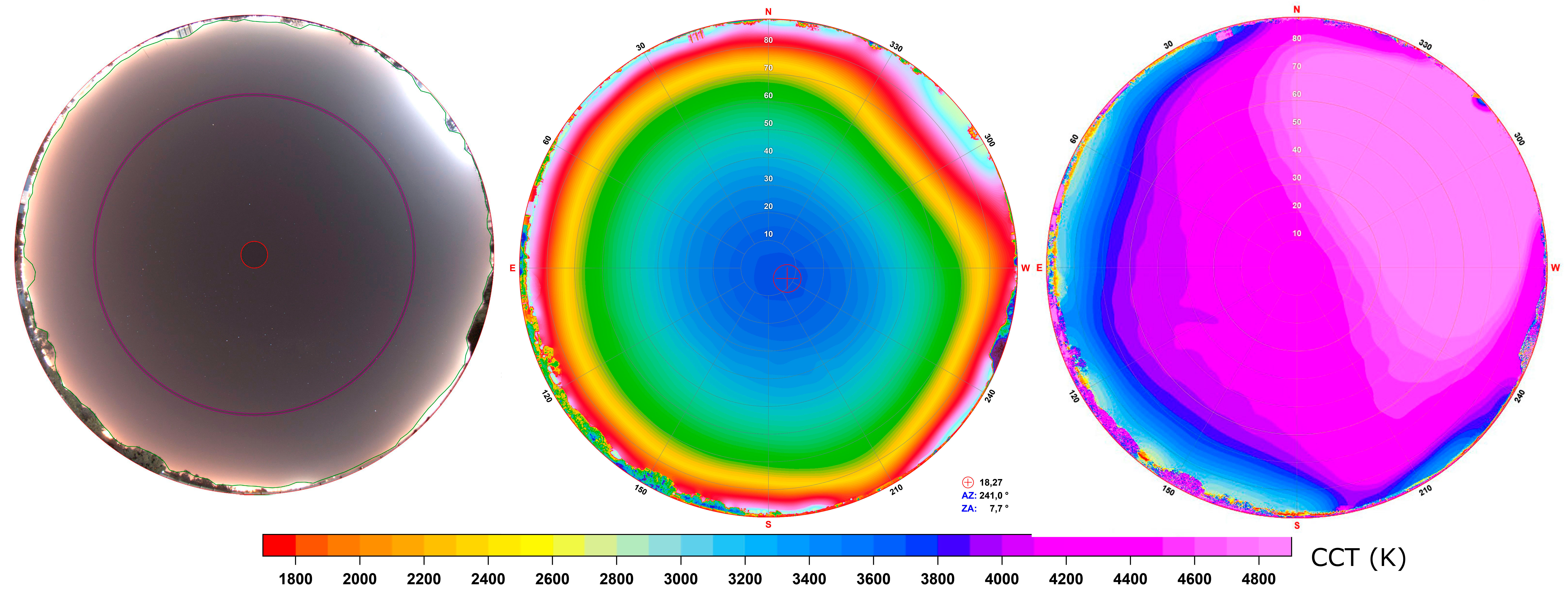 All-sky photograph and maps from La Serena, bright and bluish nearly everywhere