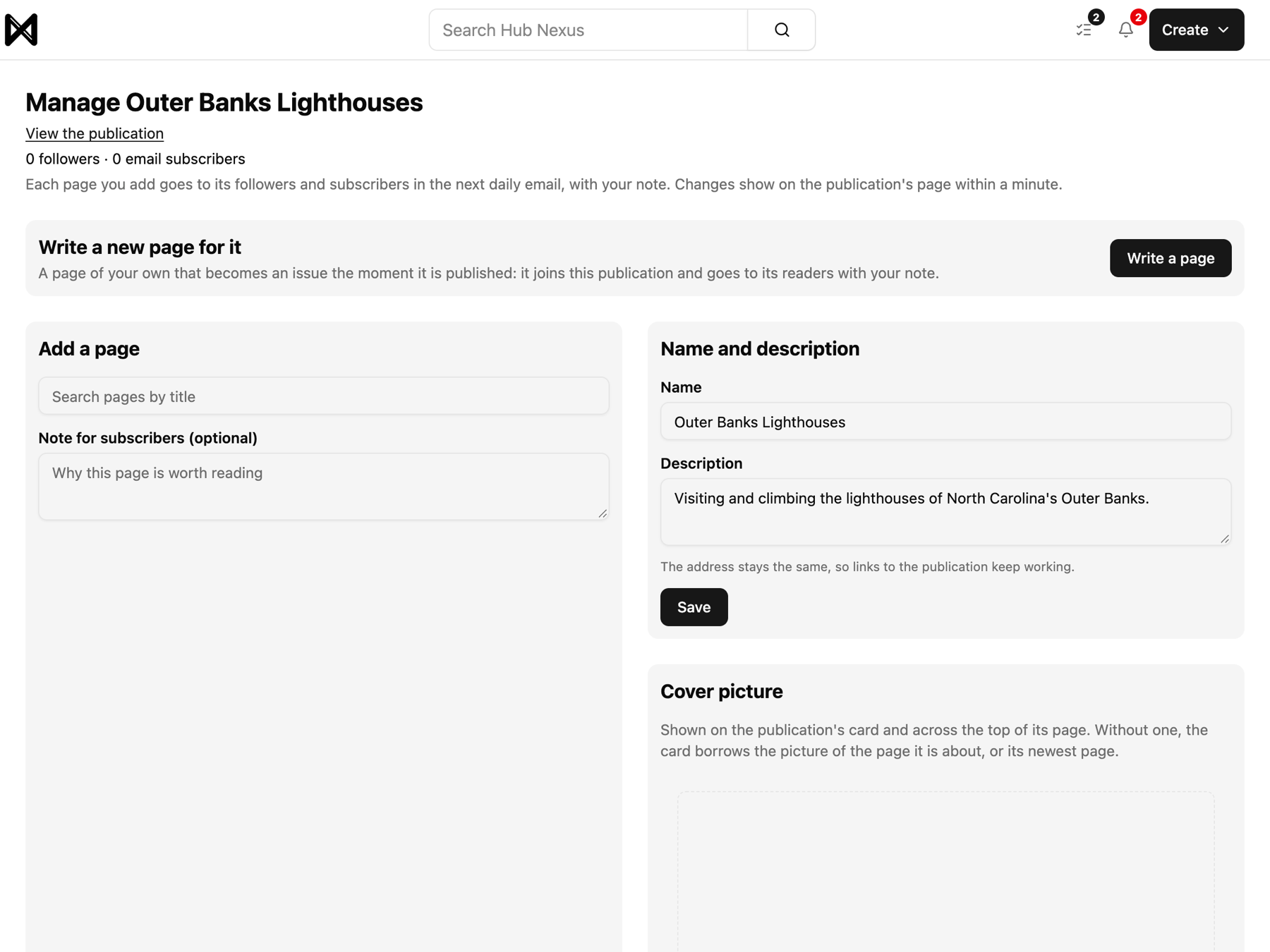 Manage: write a page, add a page, name and description