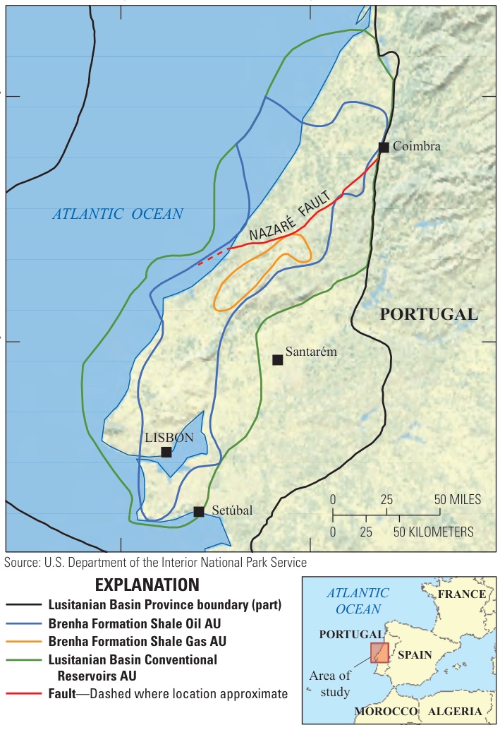 Map of the Lusitanian Basin along Portugal's coast from Setúbal to Coimbra, with the Nazaré Fault and three assessment units outlined