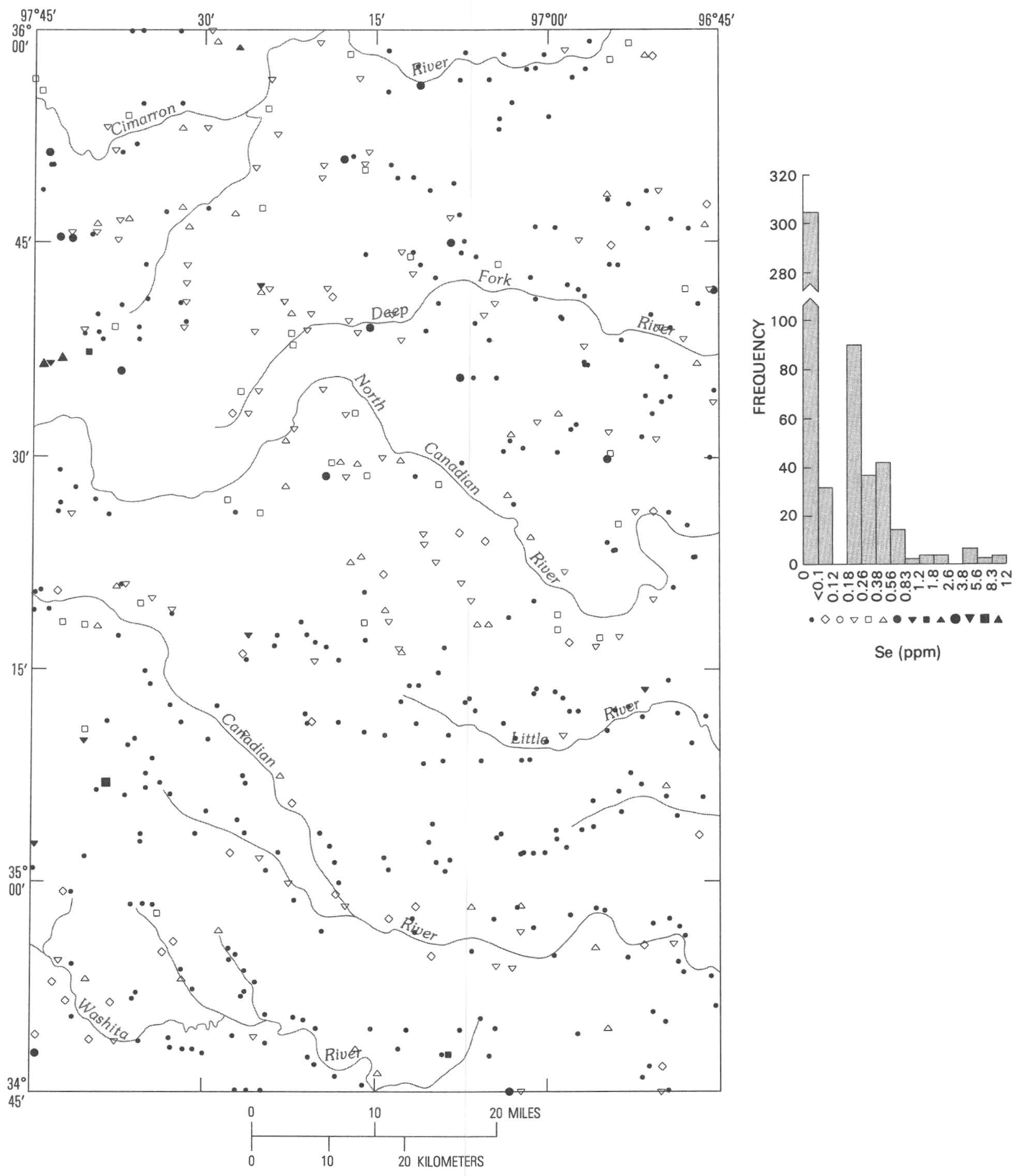 Geochemical distribution of selenium (ppm) in stream sediments of the Central Oklahoma aquifer; 522 samples piotted.