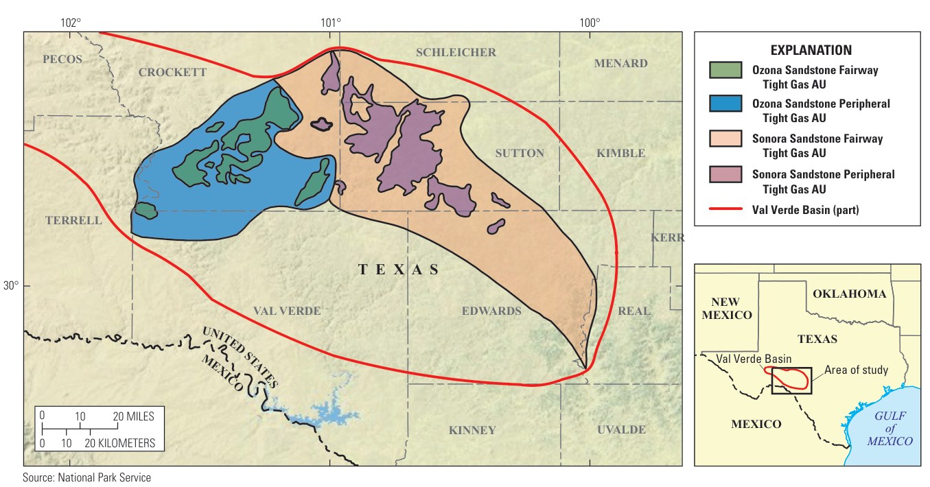 Map of southwest Texas showing the Val Verde Basin outlined in red, with the Ozona sandstone units in green and blue on the west and the Sonora sandstone units in tan and purple to the east
