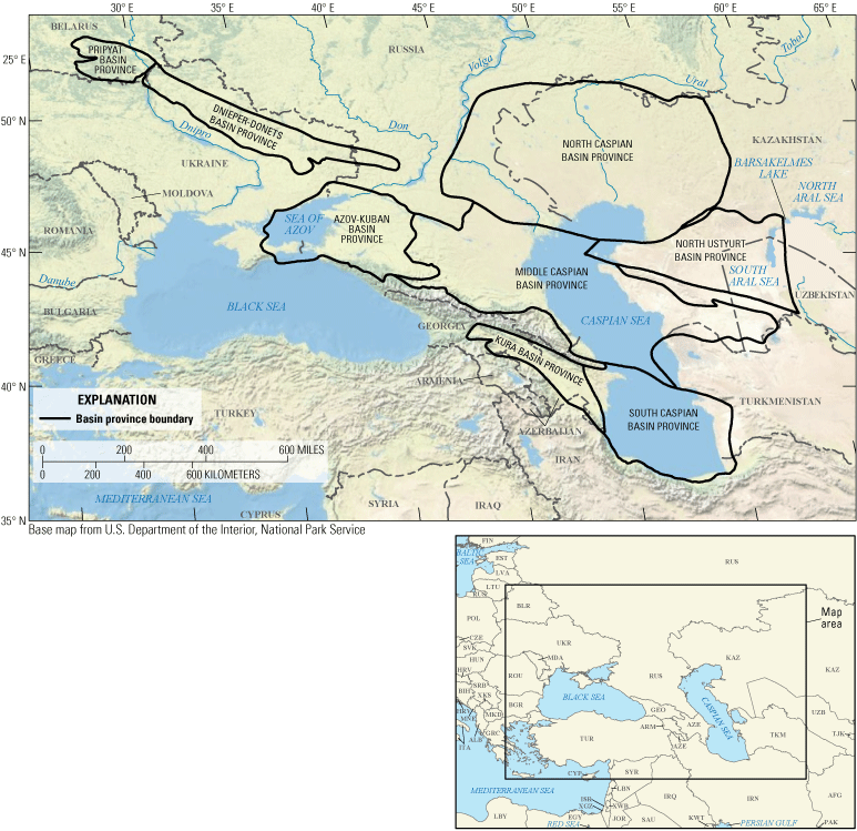 Map of the eight assessed geologic provinces of the Greater Caspian area, around the Black and Caspian Seas