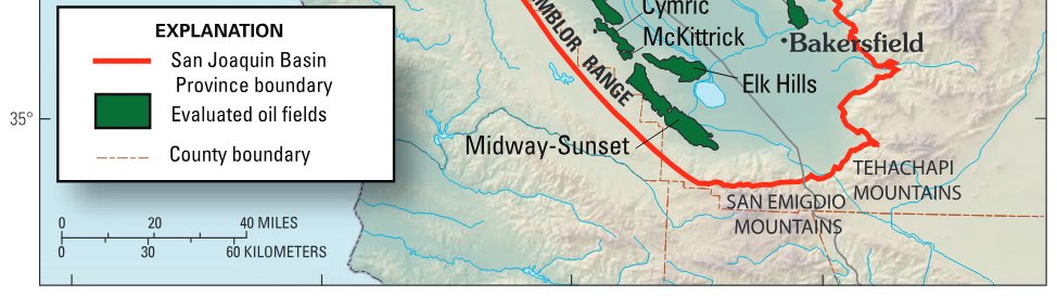 Map of San Joaquin Basin oil and gas province in central California, showing oil fields evaluated for this study.
