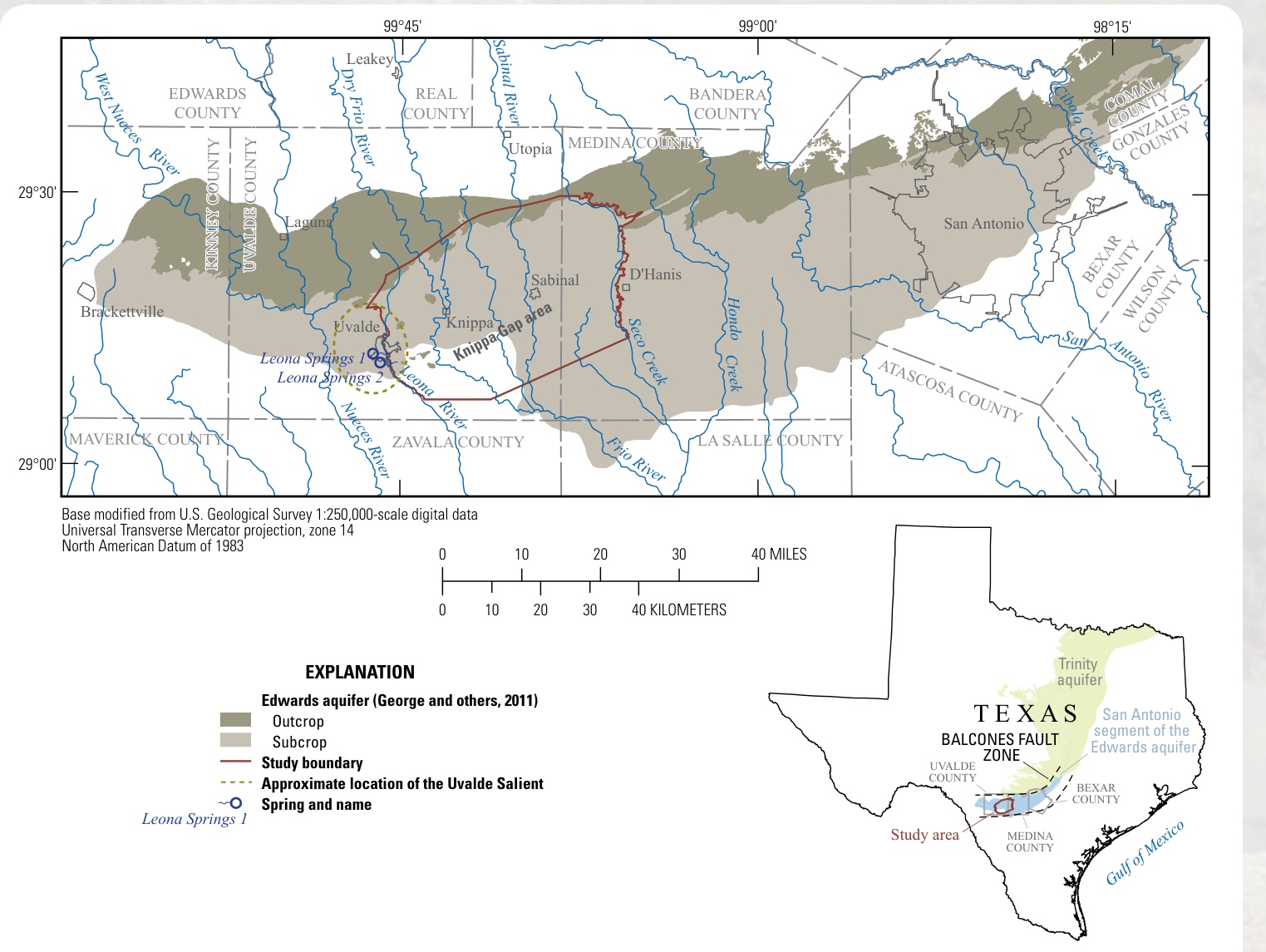 Map of south-central Texas showing the outcrop and subcrop of the Edwards aquifer from Brackettville to San Antonio, the Knippa Gap area between Uvalde and Sabinal, and an inset locating the study area in Texas
