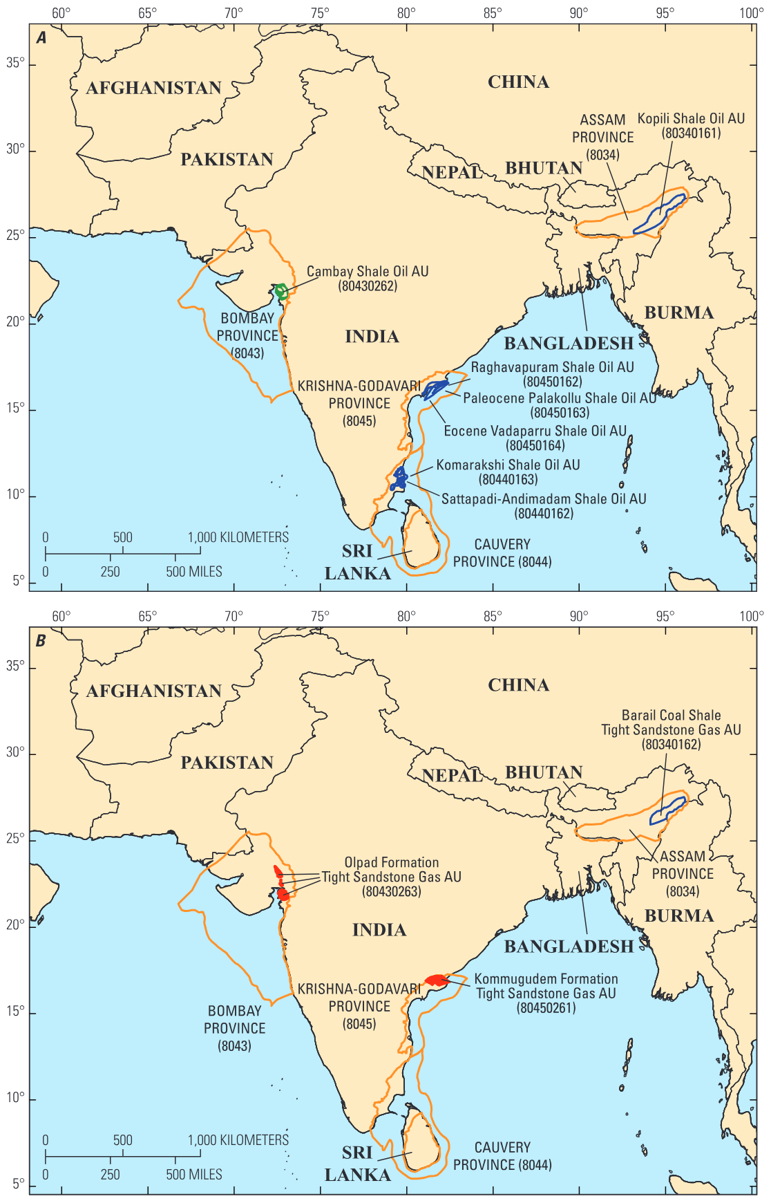 Location of the Assam, Bombay, Cauvery, and Krishna-Godavari Provinces in India (orange). A, areas of the shale oil assessment units (AU) that were assessed (solid green area) and
