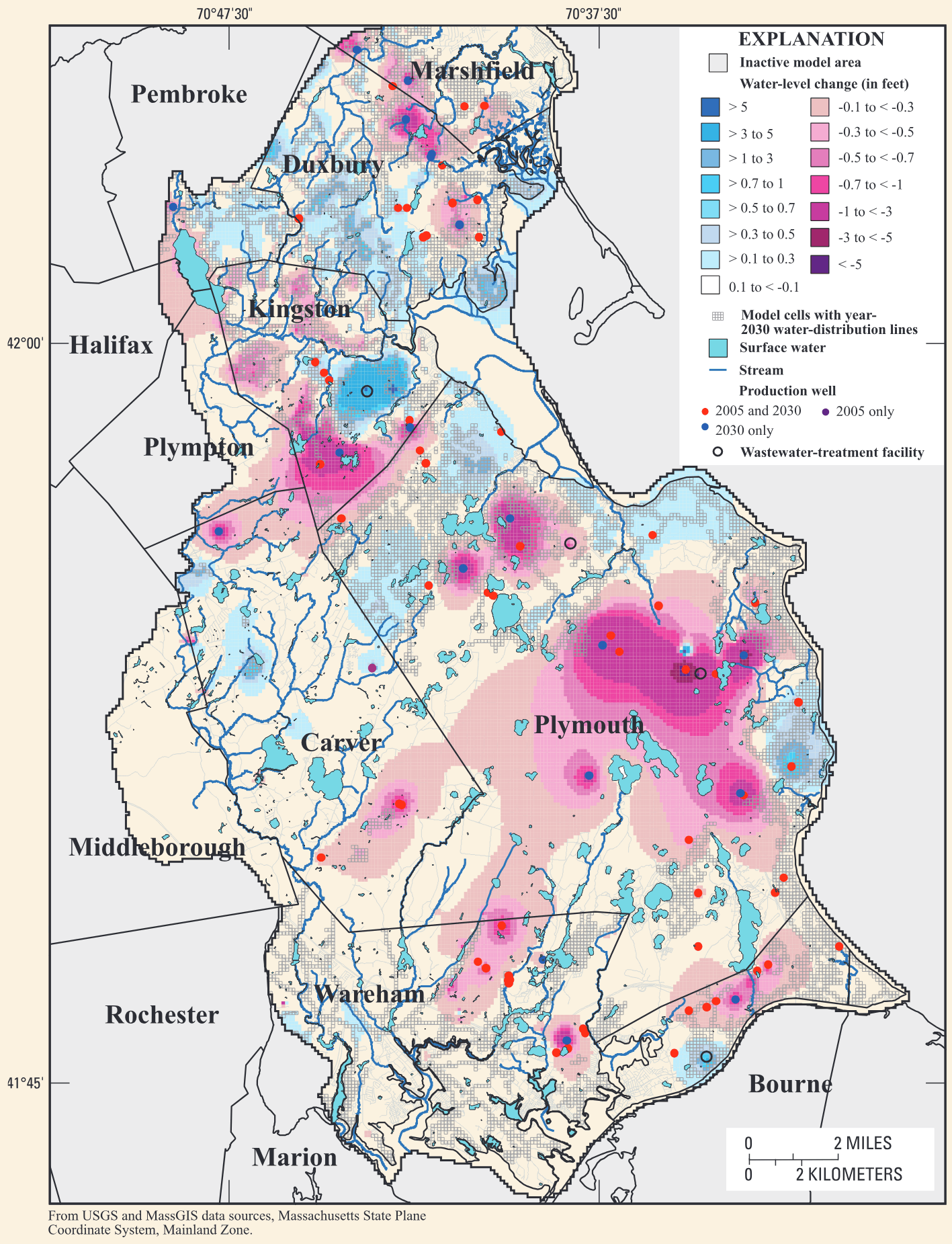 Changes in water levels between current (2005) and proposed (2030) pumping and recharge conditions in the Plymouth-Carver-Kingston-Duxbury aquifer system in southeastern Massachuse