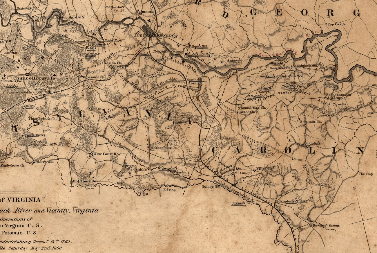 A yellowed map of the area south of the Rappahannock River from Chancellorsville to Guinea Station