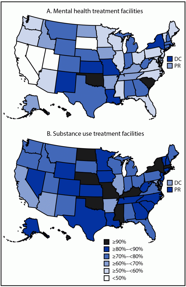 Map of U.S. jurisdictions showing the share of behavioral health facilities with tobacco-free policies that offer at least one cessation service, by facility type, 2023.
