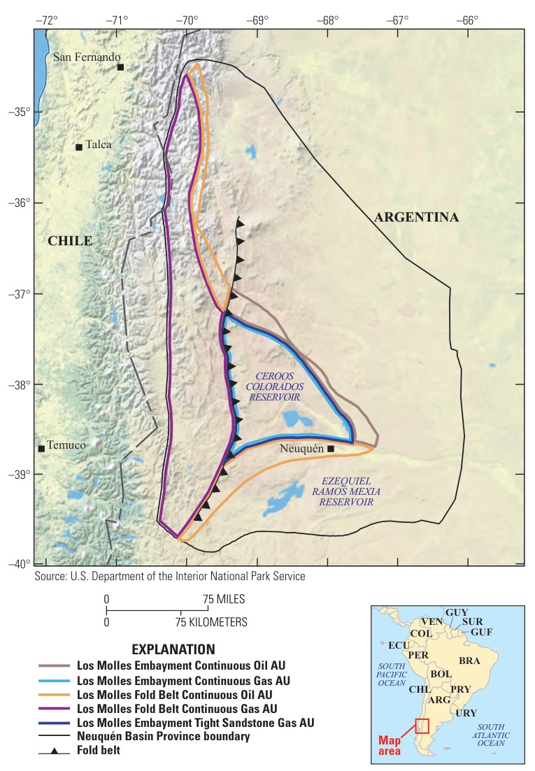 Map of the Neuquén Basin Province in west-central Argentina showing the five Los Molles assessment units along the fold belt and in the embayment around the city of Neuquén