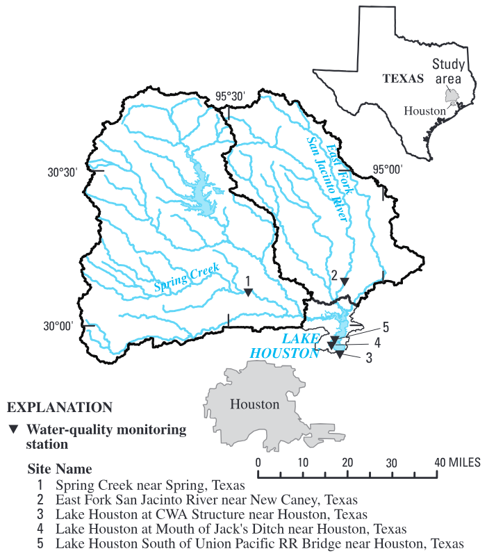 Lake Houston watershed and water-quality monitoring stations near Houston, Texas.