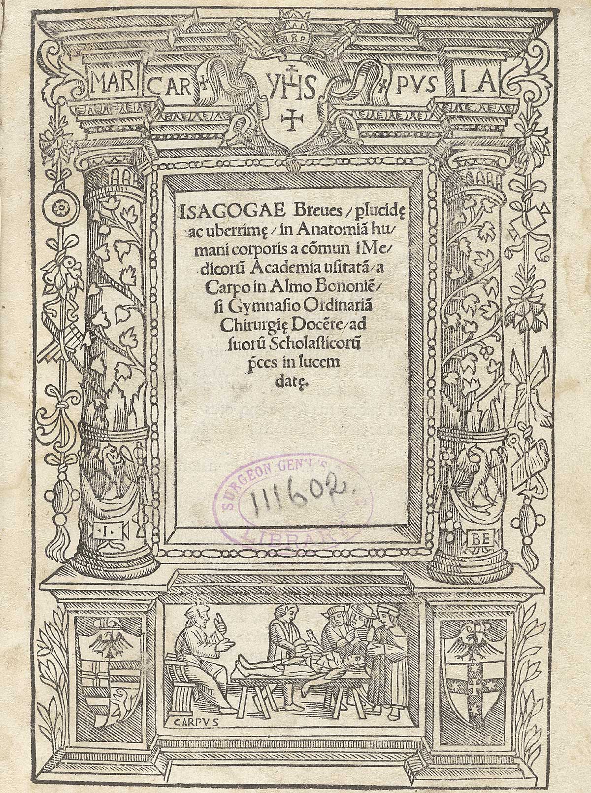 The title page of the Isagogae breves inside a woodcut frame