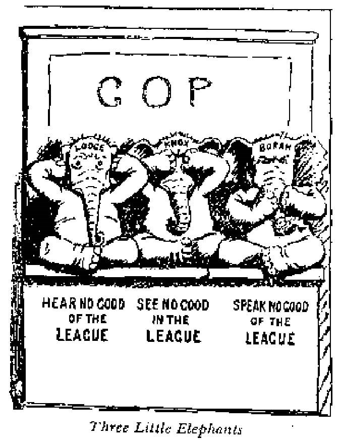 A cartoon of three elephants about the League of Nations debate.