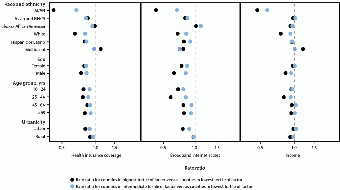 Chart of rate ratios comparing suicide rates in the highest versus lowest county tertile of each factor, by demographic group.