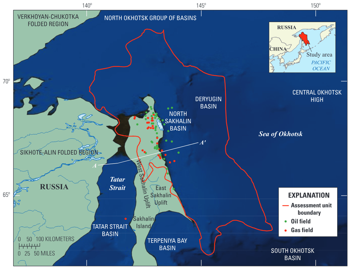 Generalized map showing the boundary of the North Sakhalin Basin Assessment Unit, centerpoints of oil and gas fields, and the location of geologic cross section A−A' shown in figur