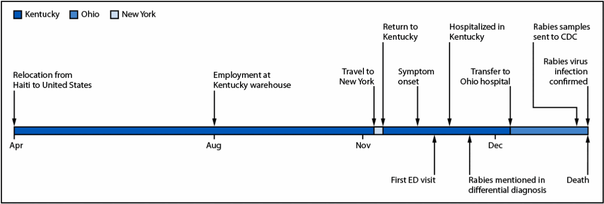 Timeline of the patient's arrival, work, symptoms, hospital course and diagnosis