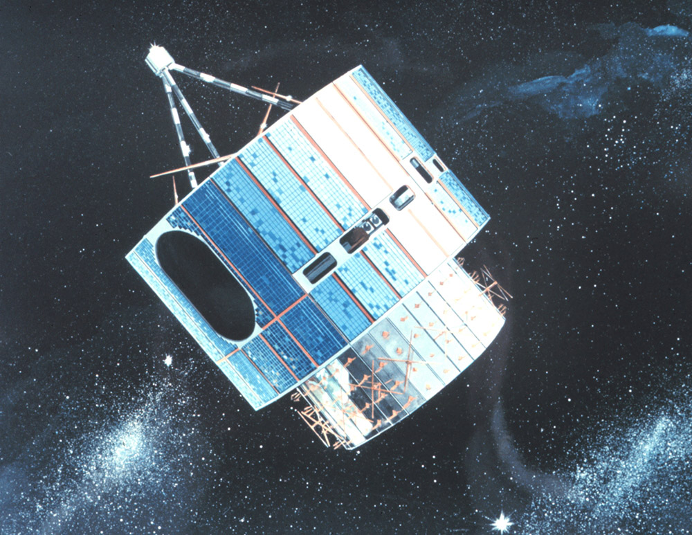 A rendering of GOES-1, set against outer space.
