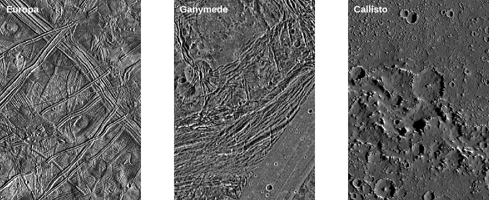 Three matching close-ups of the icy surfaces of Europa, Ganymede and Callisto