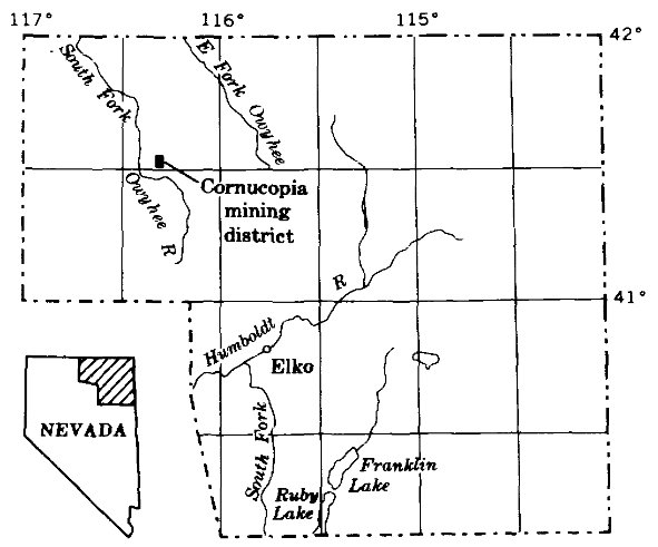 map of Elko County, Nev., showing location of the Cornucopia mining district.