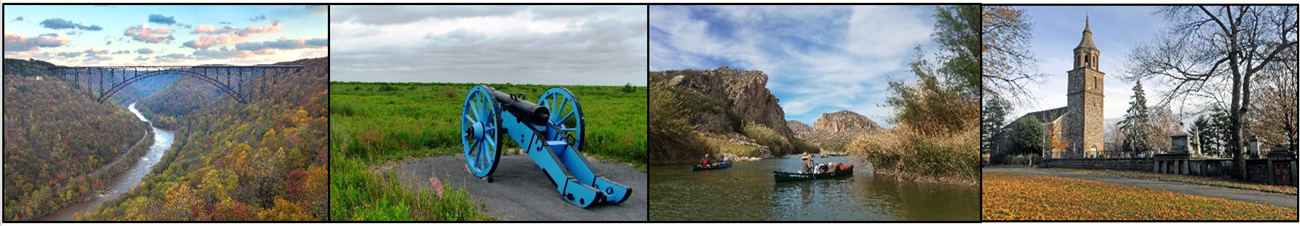 Four photos: an arched bridge over a gorge, a 19th-century cannon, canoeists on a river, and a historic church