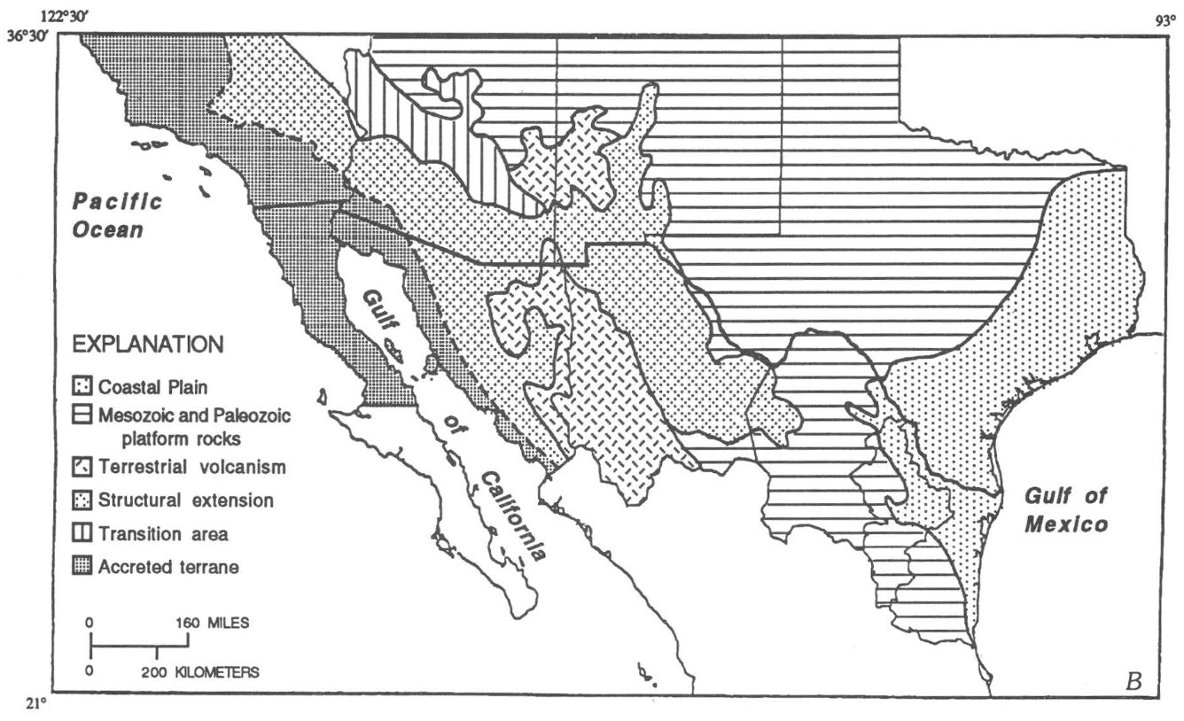 Simplified geology (A) and geologic provinces (B) in and adjacent to the U.S.-Mexico border region.