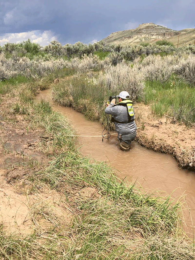 Streamflow measurement in a narrow creek, with grass and trees behind.